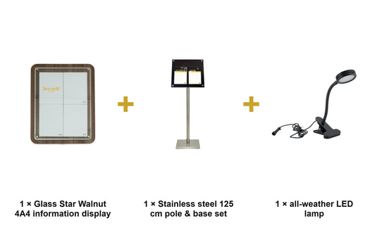 Securit Information Display Set - Glass Star Walnut 4A4 - Display + Pole & Base + LED Lamp - what is in the set