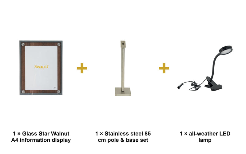 Load image into Gallery viewer, Securit Information Display Set - Glass Star Walnut A4 - Display + Pole &amp; Base + LED Lamp - what is in the set
