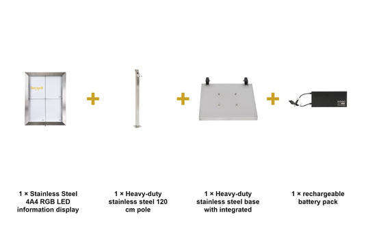 Securit Information Display Set - Stainless Steel 4A4 RGB LED - Display + Pole & Base + Battery - what is in the set