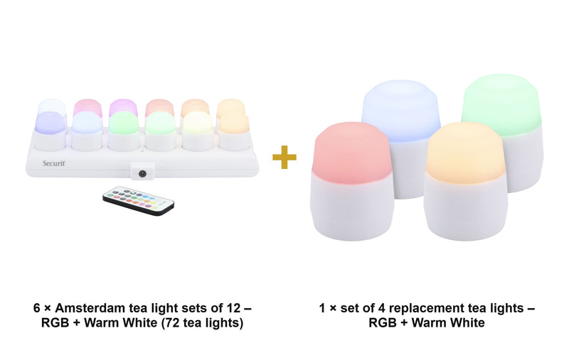 Load image into Gallery viewer, Securit Lighting Set - Amsterdam Rechargeable Tea Lights RGB + Warm White (6 Sets of 12) + 4 Replacement Tea Lights - what is in the set
