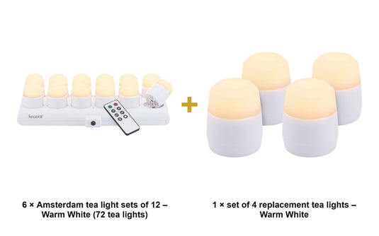 Securit Lighting Set - Amsterdam Rechargeable Tea Lights Warm White (6 Sets of 12) + 4 Replacement Tea Lights - what is in the set