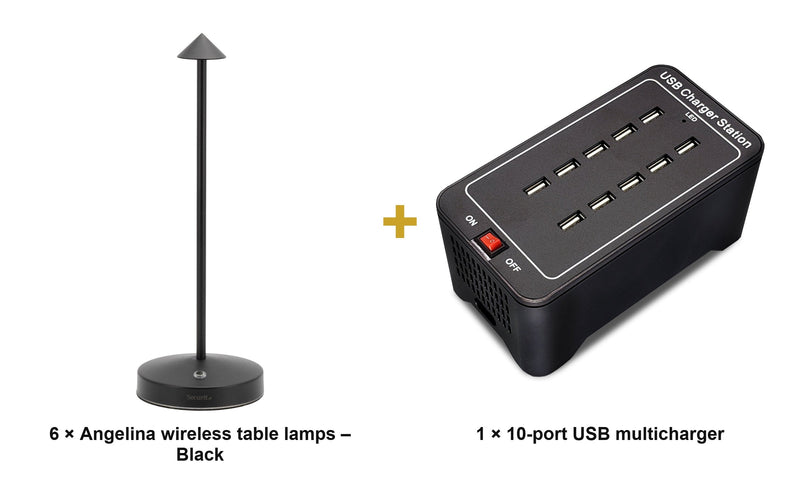 Load image into Gallery viewer, Securit Lighting Set - Angelina Table Lamps Black (Pack of 6) + 10-Port Multicharger - what is in the set
