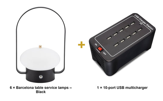 Securit Lighting Set - Barcelona Table Lamps Black (Pack of 6) + 10-Port Multicharger - what is in the set