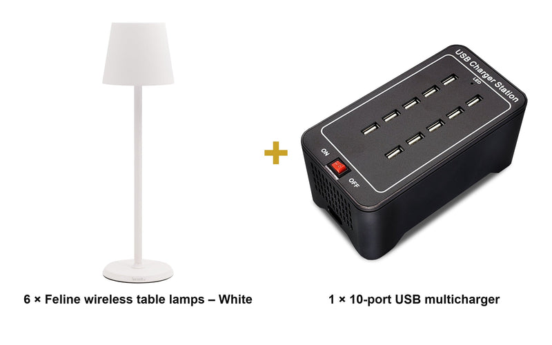 Load image into Gallery viewer, Securit Lighting Set - Feline Table Lamps White (Pack of 6) + 10-Port Multicharger - what is in the set
