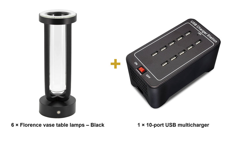 Load image into Gallery viewer, Securit Lighting Set - Florence Table Lamps Black (Pack of 6) + 10-Port Multicharger - what is in the set
