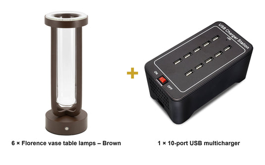 Securit Lighting Set - Florence Table Lamps Brown (Pack of 6) + 10-Port Multicharger - what is in the set