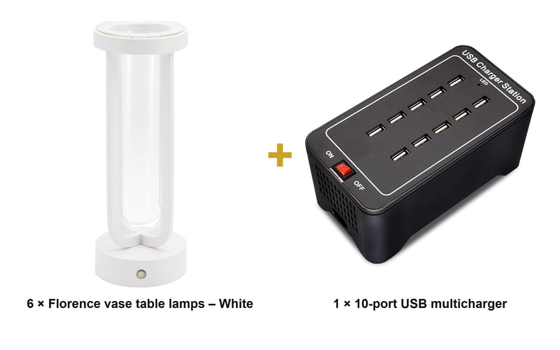 Load image into Gallery viewer, Securit Lighting Set - Florence Table Lamps White (Pack of 6) + 10-Port Multicharger - what is in the set
