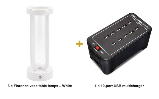 Securit Lighting Set - Florence Table Lamps White (Pack of 6) + 10-Port Multicharger - what is in the set
