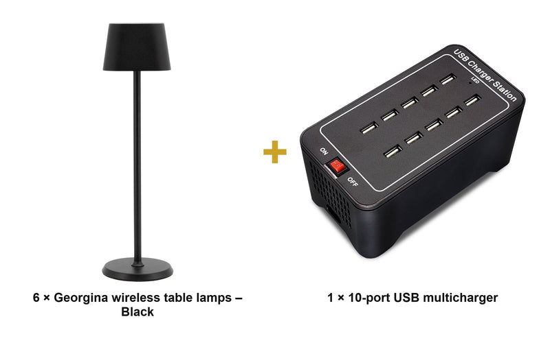 Load image into Gallery viewer, Securit Lighting Set - Georgina Table Lamps Black (Pack of 6) + 10-Port Multicharger - what is in the set
