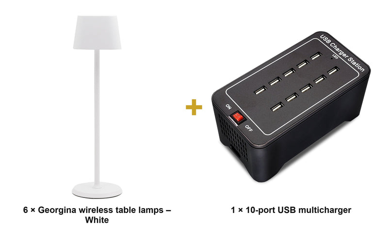 Load image into Gallery viewer, Securit Lighting Set - Georgina Table Lamps White (Pack of 6) + 10-Port Multicharger - what is in the set
