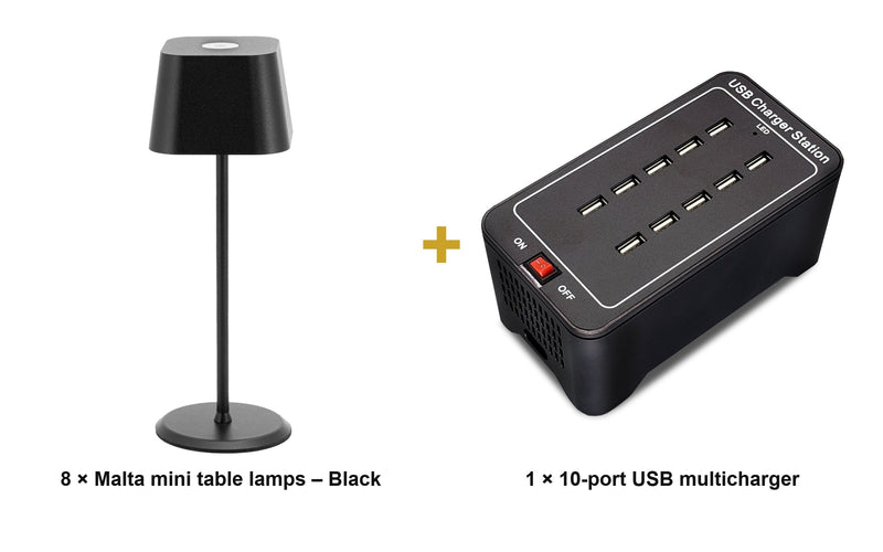 Load image into Gallery viewer, Securit Lighting Set - Malta Table Lamps Black (Pack of 8) + 10-Port Multicharger - what is in the set
