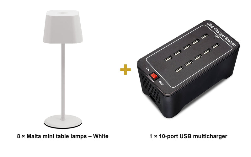 Load image into Gallery viewer, Securit Lighting Set - Malta Table Lamps White (Pack of 8) + 10-Port Multicharger - what is in the set
