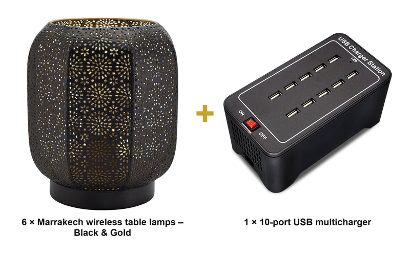 Load image into Gallery viewer, Securit Lighting Set - Marrakech Table Lamps Black &amp; Gold (Pack of 6) + 10-Port Multicharger - what is in the set
