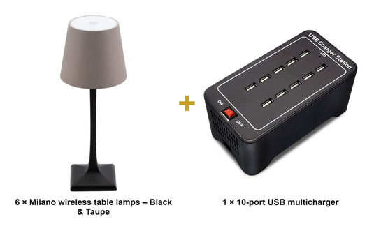 Securit Lighting Set - Milano Table Lamps Black & Taupe (Pack of 6) + 10-Port Multicharger - what is in the set