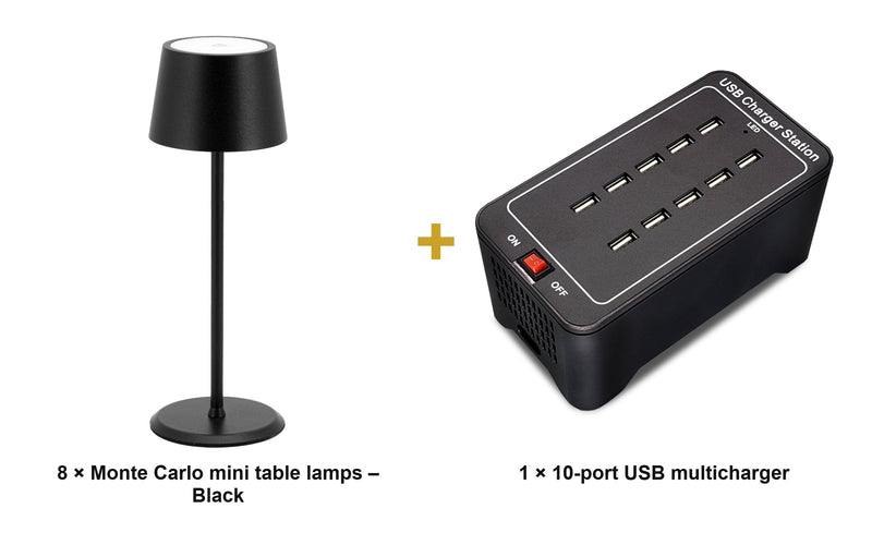 Load image into Gallery viewer, Securit Lighting Set - Monte Carlo Table Lamps Black (Pack of 8) + 10-Port Multicharger - what is in the set
