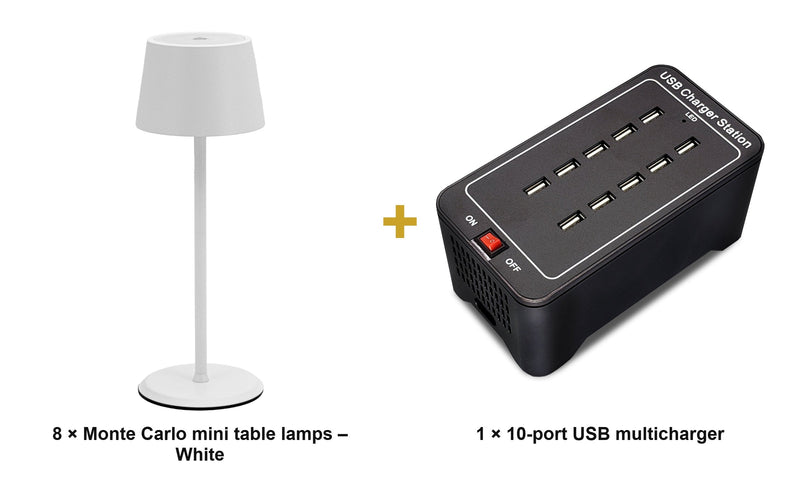 Load image into Gallery viewer, Securit Lighting Set - Monte Carlo Table Lamps White (Pack of 8) + 10-Port Multicharger - what is in the set
