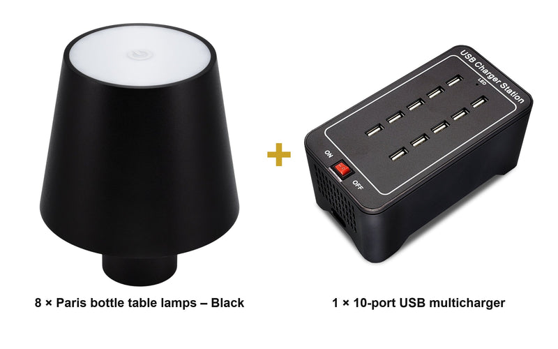 Load image into Gallery viewer, Securit Lighting Set - Paris Table Lamps Black (Pack of 8) + 10-Port Multicharger - what is in the set
