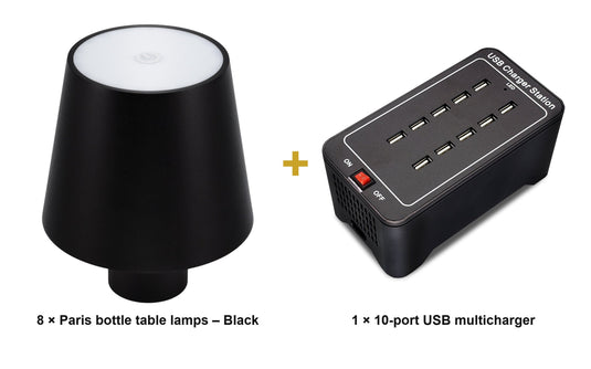 Securit Lighting Set - Paris Table Lamps Black (Pack of 8) + 10-Port Multicharger - what is in the set
