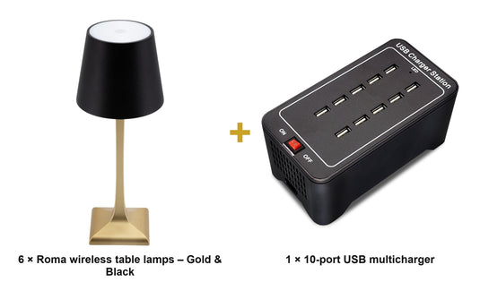 Securit Lighting Set - Roma Table Lamps Gold & Black (Pack of 6) + 10-Port Multicharger - what is in the set