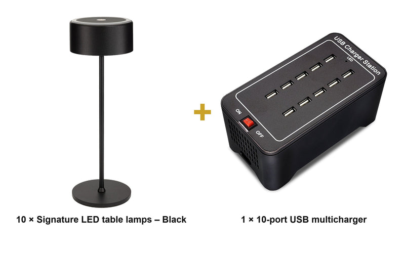 Load image into Gallery viewer, Securit Lighting Set - Signature Table Lamps Black (Pack of 10) + 10-Port Multicharger - what is in the set
