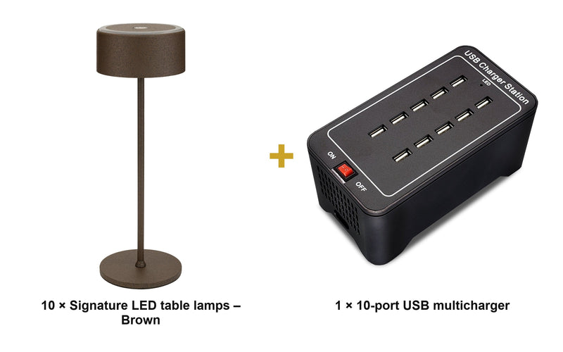 Load image into Gallery viewer, Securit Lighting Set - Signature Table Lamps Brown (Pack of 10) + 10-Port Multicharger - what is in the set
