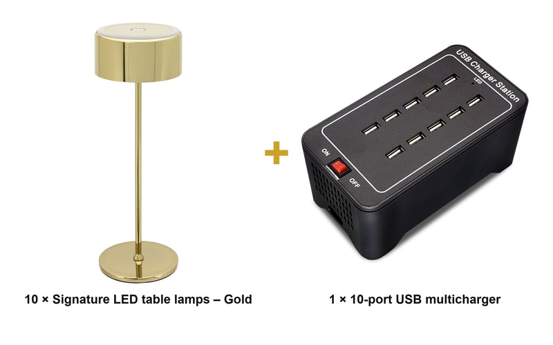 Load image into Gallery viewer, Securit Lighting Set - Signature Table Lamps Gold (Pack of 10) + 10-Port Multicharger - what is in the set
