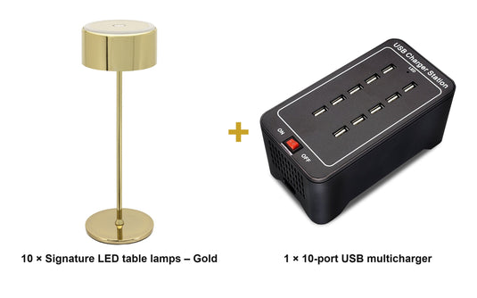 Securit Lighting Set - Signature Table Lamps Gold (Pack of 10) + 10-Port Multicharger - what is in the set