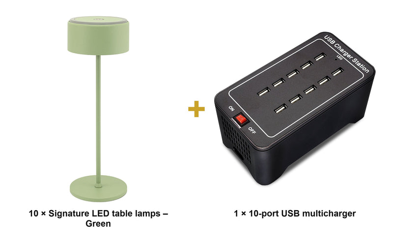 Load image into Gallery viewer, Securit Lighting Set - Signature Table Lamps Green (Pack of 10) + 10-Port Multicharger - what is in the set
