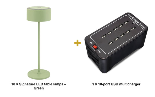 Securit Lighting Set - Signature Table Lamps Green (Pack of 10) + 10-Port Multicharger - what is in the set