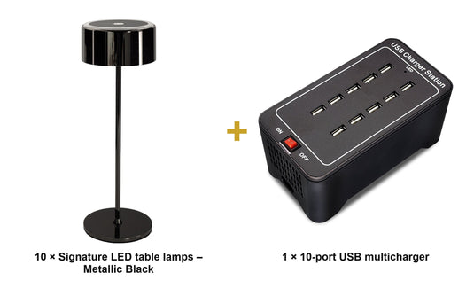 Securit Lighting Set - Signature Table Lamps Metallic Black (Pack of 10) + 10-Port Multicharger - what is in the set