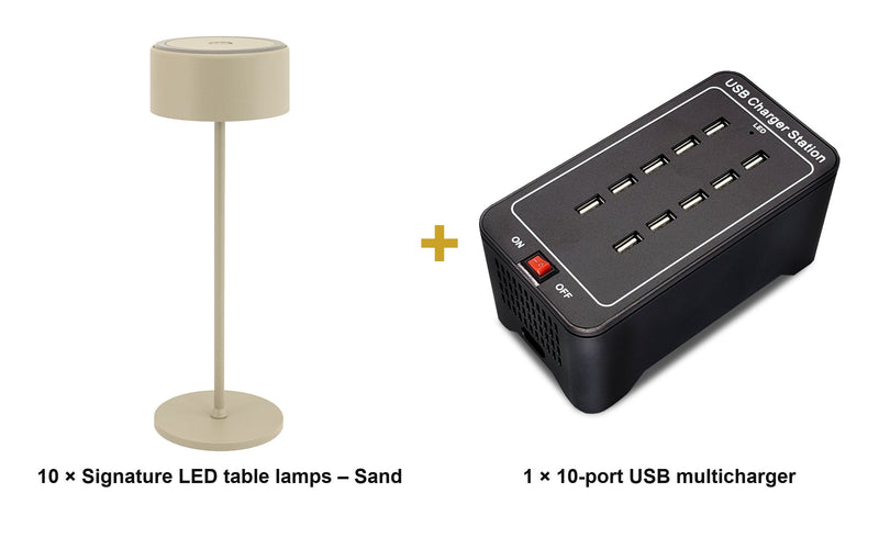 Load image into Gallery viewer, Securit Lighting Set - Signature Table Lamps Sand (Pack of 10) + 10-Port Multicharger - what is in the set
