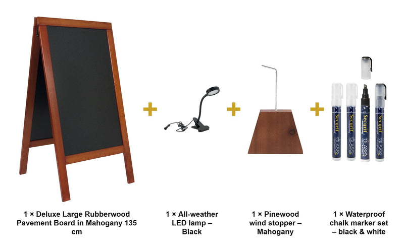 Load image into Gallery viewer, Securit Lit Pavement Sign Set - Deluxe Large Rubberwood Pavement Board in Mahogany 135 cm - Board + LED Lamp + Wind Stopper + Markers - what is in the set
