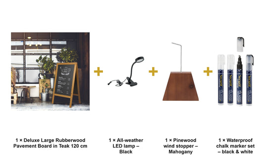 Securit Lit Pavement Sign Set - Deluxe Large Rubberwood Pavement Board in Teak 120 cm - Board + LED Lamp + Wind Stopper + Markers - what is in the set