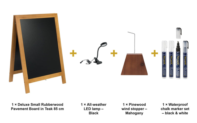 Load image into Gallery viewer, Securit Lit Pavement Sign Set - Deluxe Small Rubberwood Pavement Board in Teak 85 cm - Board + LED Lamp + Wind Stopper + Markers - what is in the set
