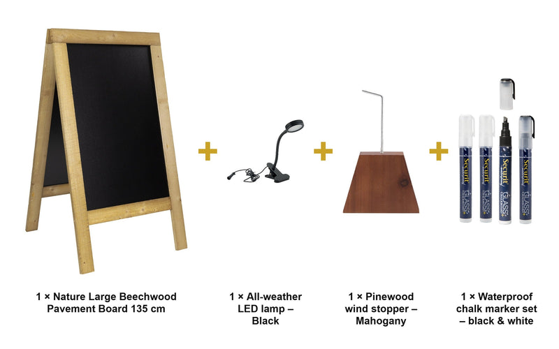 Load image into Gallery viewer, Securit Lit Pavement Sign Set - Nature Large Beechwood Pavement Board 135 cm - Board + LED Lamp + Wind Stopper + Markers - what is in the set
