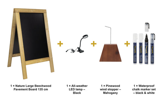 Securit Lit Pavement Sign Set - Nature Large Beechwood Pavement Board 135 cm - Board + LED Lamp + Wind Stopper + Markers - what is in the set