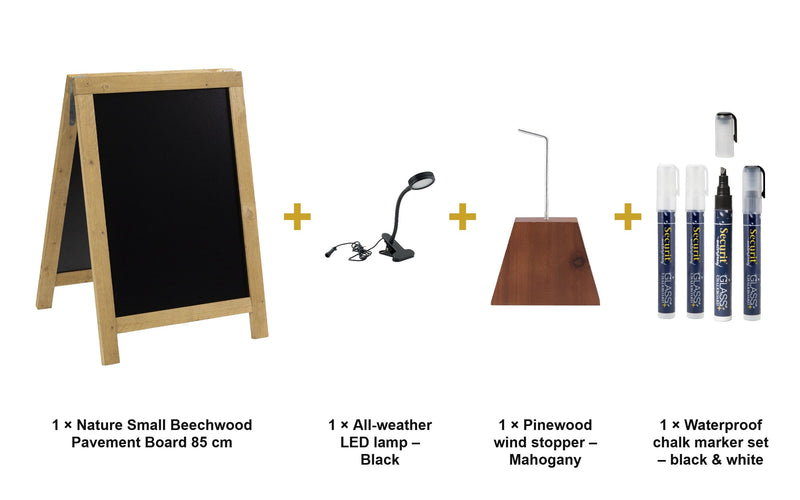 Load image into Gallery viewer, Securit Lit Pavement Sign Set - Nature Small Beechwood Pavement Board 85 cm - Board + LED Lamp + Wind Stopper + Markers - what is in the set
