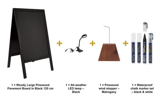Securit Lit Pavement Sign Set - Woody Large Pinewood Pavement Board in Black 120 cm - Board + LED Lamp + Wind Stopper + Markers - what is in the set