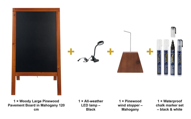 Load image into Gallery viewer, Securit Lit Pavement Sign Set - Woody Large Pinewood Pavement Board in Mahogany 120 cm - Board + LED Lamp + Wind Stopper + Markers - what is in the set
