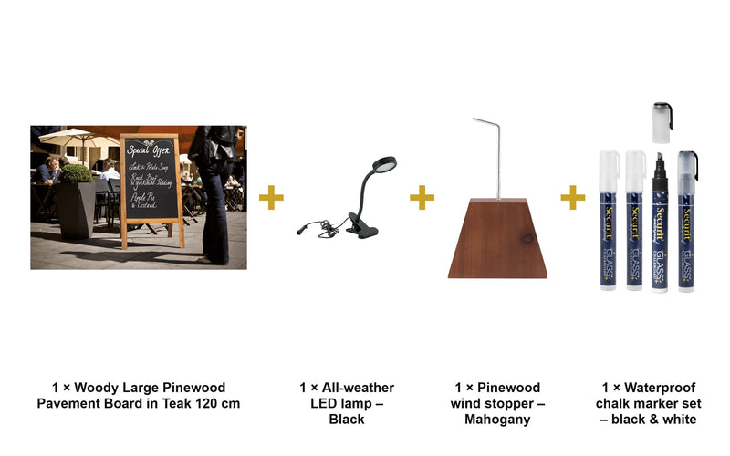 Load image into Gallery viewer, Securit Lit Pavement Sign Set - Woody Large Pinewood Pavement Board in Teak 120 cm - Board + LED Lamp + Wind Stopper + Markers - what is in the set
