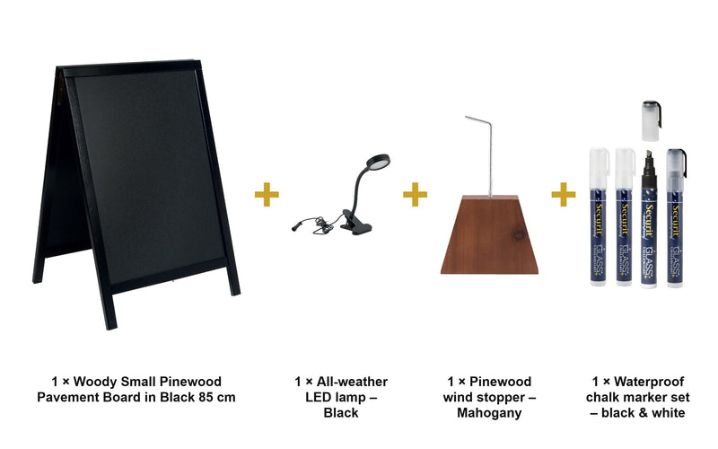 Load image into Gallery viewer, Securit Lit Pavement Sign Set - Woody Small Pinewood Pavement Board in Black 85 cm - Board + LED Lamp + Wind Stopper + Markers - what is in the set
