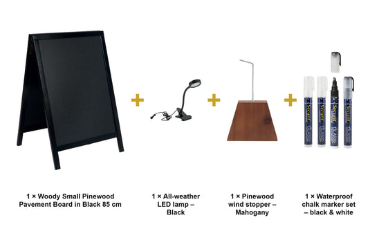 Securit Lit Pavement Sign Set - Woody Small Pinewood Pavement Board in Black 85 cm - Board + LED Lamp + Wind Stopper + Markers - what is in the set