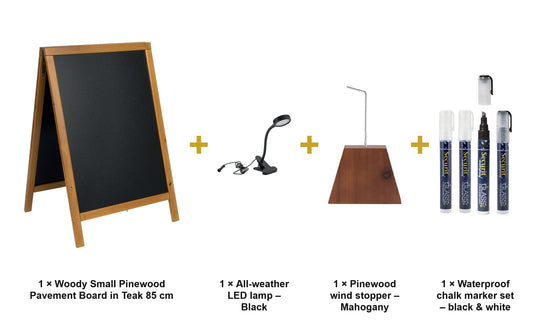Securit Lit Pavement Sign Set - Woody Small Pinewood Pavement Board in Teak 85 cm - Board + LED Lamp + Wind Stopper + Markers - what is in the set
