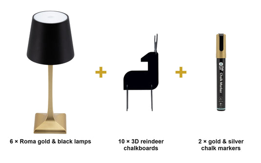 Securit Magical Christmas Table Set - 6 Roma Gold & Black Lamps + 10 3D Reindeer Chalkboards + Gold & Silver Markers - what is in the set