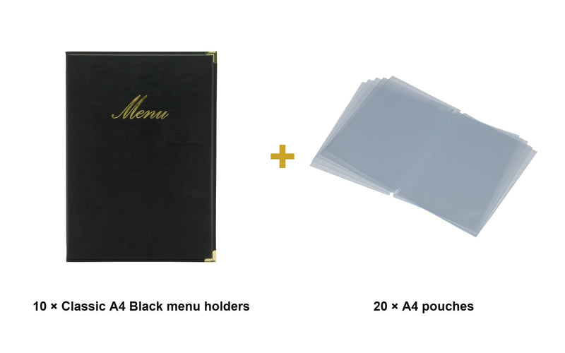 Load image into Gallery viewer, Securit Menu Set - Classic A4 Black - 10 Menu Holders + 20 Extra Pouches - what is in the set
