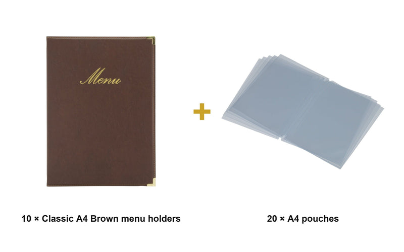 Load image into Gallery viewer, Securit Menu Set - Classic A4 Brown - 10 Menu Holders + 20 Extra Pouches - what is in the set
