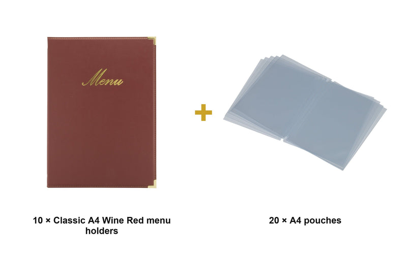Load image into Gallery viewer, Securit Menu Set - Classic A4 Wine Red - 10 Menu Holders + 20 Extra Pouches - what is in the set
