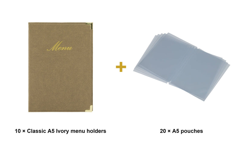 Load image into Gallery viewer, Securit Menu Set - Classic A5 Ivory - 10 Menu Holders + 20 Extra Pouches - what is in the set
