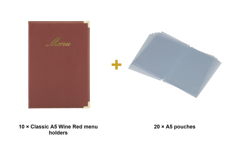 Load image into Gallery viewer, Securit Menu Set - Classic A5 Wine Red - 10 Menu Holders + 20 Extra Pouches - what is in the set
