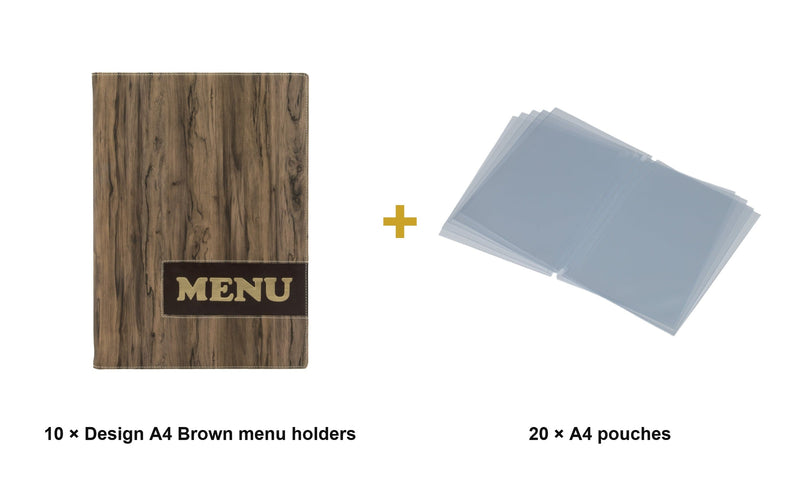 Load image into Gallery viewer, Securit Menu Set - Design A4 Brown - 10 Menu Holders + 20 Extra Pouches - what is in the set
